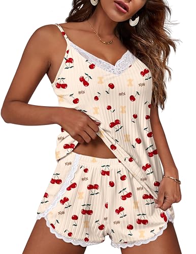 Image of Ekouaer Womens Pajama Sets Soft Cami Shorts Set 4 Piece Lingerie Sleepwear V Neck Pj Lace Nightwear