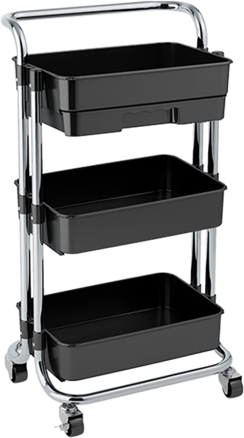 3 Tier Utility Rolling Cart, Trolley with Handle and Drawer, Storage Cart with Lockable Wheels for Kitchen, Office, Bedroom, Living Room, Classroom (Black)