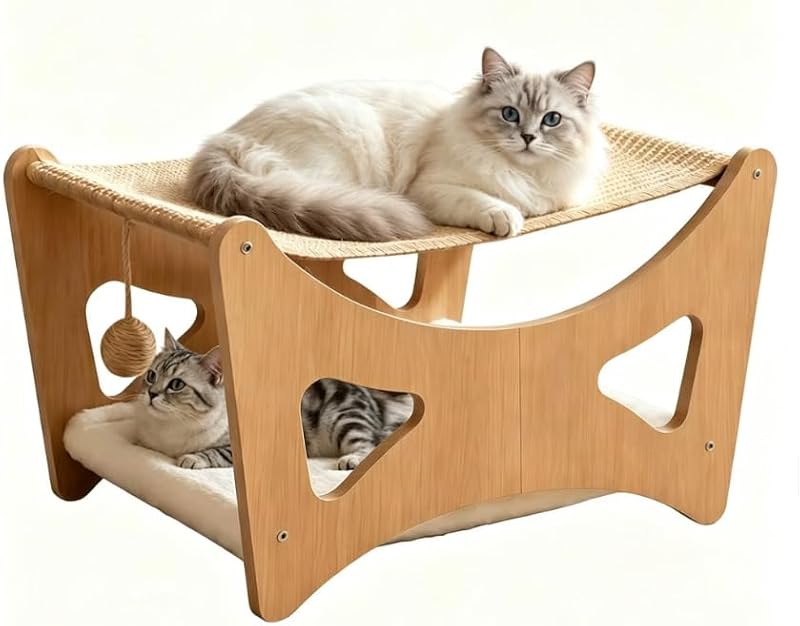 Rede para Gatos 3 em 1 com Arranhador de Sisal, Almofada de Pelúcia e Estrutura de Madeira Kangser para Gatos Pequenos e Médios