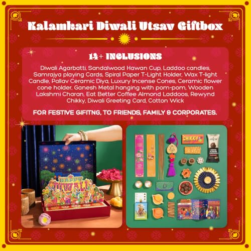 Image of Phool 15 Item Kalamkari Diwali Utsav Gift Box Ladoo, Chikky, Laxmi Charan, Incense, Havan Cup, Candles, Diya and Decor, Premium Diwali Gift Hamper for Family, Friends & Corporate Gifting