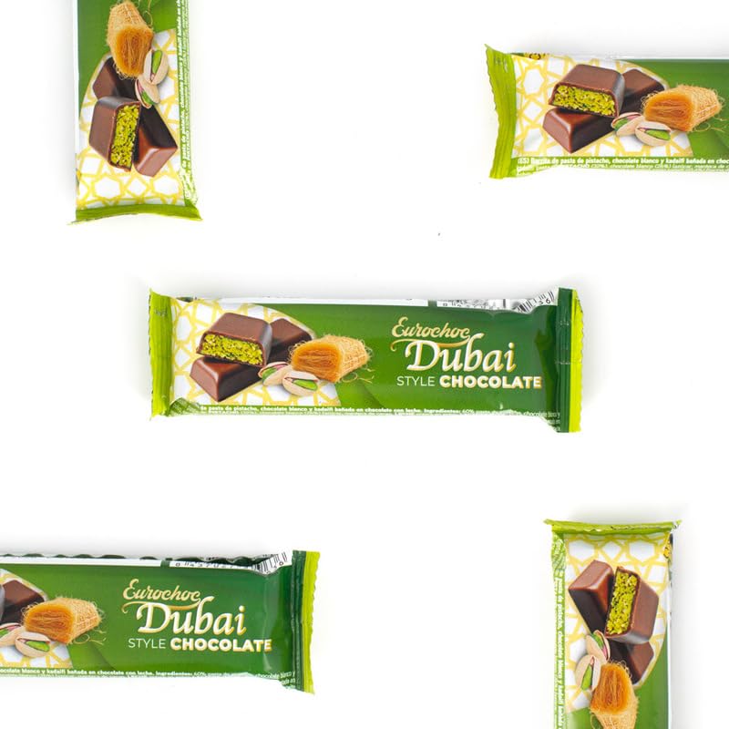 Barritas Chocolate Dubai | 24 x 40g | Chocolate con Pistacho Crujiente y Pasta Kataifi | Ideal para Reuniones, Regalos y Cestas Gourmet