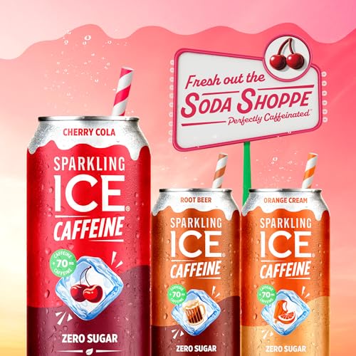 Image of Sparkling Ice Caffeine Soda Shoppe Cherry Cola Perfectly Caffeinated Sparkling Water with 70mg Caffeine, Zero Sugar, with Antioxidants and Vitamins, 16 fl oz Cans (Pack Of 12)
