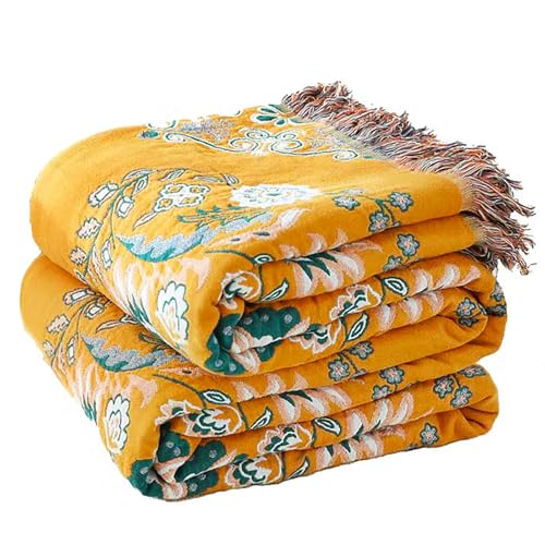 Boho Throw Blanket, 100% Cotton Soft Sofa Bed Queen Throw-Floral Farmhouse Decor Blanket, Reversible Bohemian Yellow Throw for Chair Couch Quilt and Gift, 80" x 90"