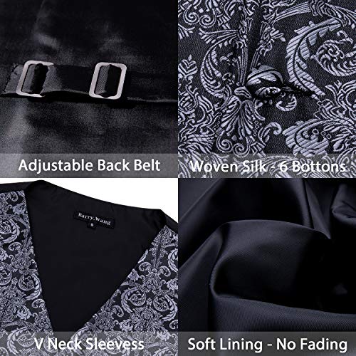 Image of Barry.Wang Black Grey Dress Suit Vest for Men Silk Business Tie Handkerchief Cufflink Waistcoat Formal Tuxedo 5PCS