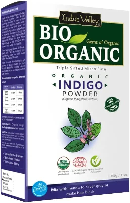 Bio Organic Indigo Powder, 100% Certified Organic, Triple-sifted & microfine Powder, Cruelty-Free & Vegan, Indigofera Tinctoria Powder for Natural Hair Coloring, Arrests Early Greying & - 100g
