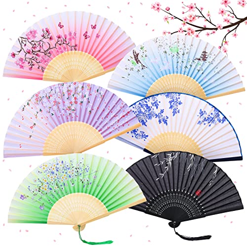 GWHOLE Éventails Pliants 6Pcs Eventail avec Frange en Soie et Bambou Eventail Japonais Éventail à Main Evantail Pliable 6 Motif pour Decoration Mariage, Cadeau