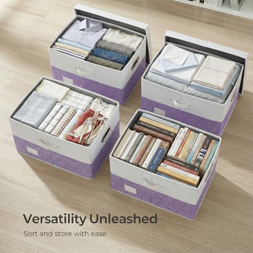Image of PRANDOM Storage Bins with Lids [3-Pack] Linen Fabric Foldable Storage Boxes Organizer Containers Baskets Cube with Cover for Bedroom Closet Office White&Purple (23.4X15.9X11.4)
