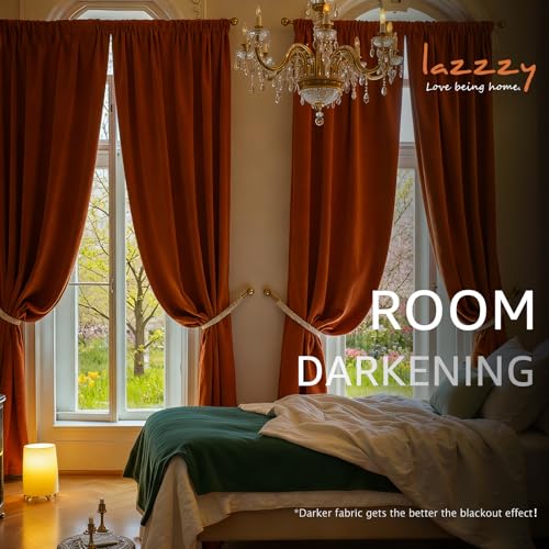Image of Burnt Orange Velvet Curtains Warm Rod Pocket 52x84 Inch 2 Panels | Soft Velvet, Room Darkening, For Bedroom & Living Space, Light Shifting Texture, Elegant Drape, Luxury
