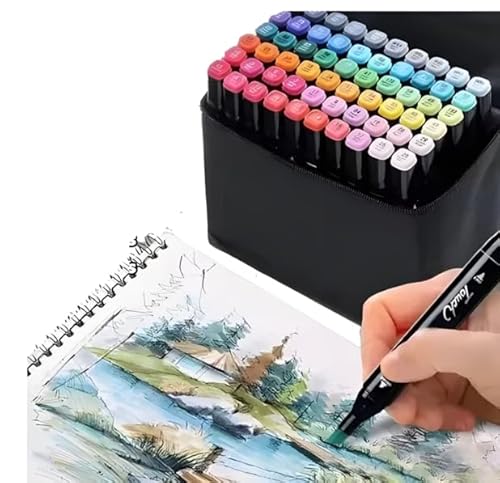 Estojo com 48 Canetas Marcadoras, Ponta Dupla, Tampa Codificada por Cores, Kit Conjunto Canetinha Pr