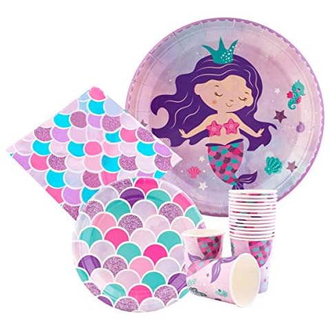 Mermaid Plates and Cups and Napkins Serves 16 Guests | 16 Large Paper Plates, Small Plates, Cups, Napkins | Mermaid Birthday Decorations Party Supplies Baby Shower Cover