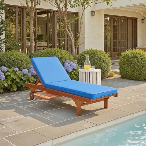 Image of SAFAVIEH Outdoor Collection Newport Natural / Royal Blue Cushion Built-in Side Table Adjustable Chaise Lounge Chair