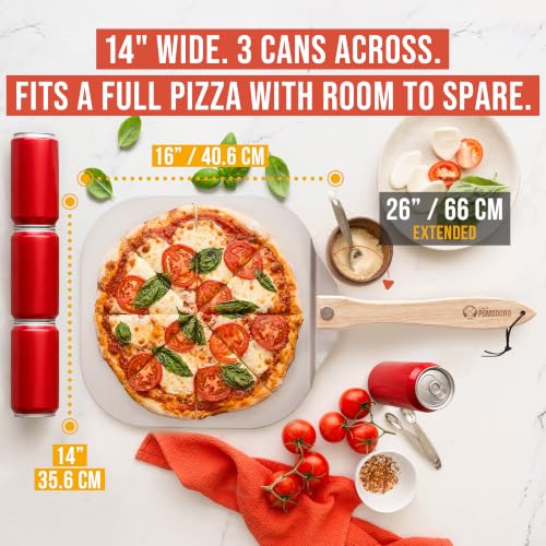 Image of Chef Pomodoro Pizza Peel 16 Inch, Metal Spatula with Foldable Wood Handle | Commercial-grade Aluminum & Wood Paddle, 14x16in Head, Extends to 26in; Transfers Pizza, Bread & Pastries to Oven, Grill