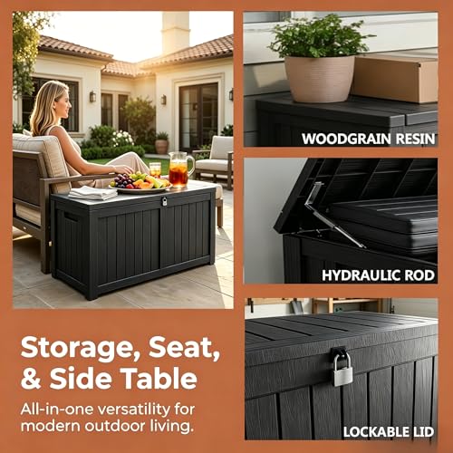 Image of 121 Gallon Resin Deck Box for Patio - Outdoor Storage Chest for Patio Furniture Cushions, Garden Tools, Pool Accessories - Lockable, Waterproof, All-Weather, Wood Grain Design, Easy Assembly