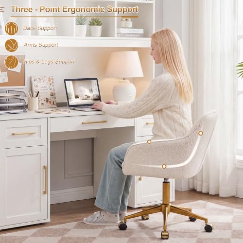 Image of Zesthouse Modern Desk Chair with Wheels, White Swivel Vanity Chair for Girls Women, Upholstered Home Office Chair Boucle Armchair for Bedroom, Height Adjustable Computer Task Chair, Gold Base