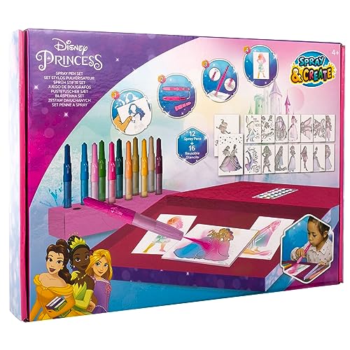 Disney Princess - Spray Pen Set Deluxe (DP22368) - Kit de Stylos Pulvérisateurs pour Colorier et Dessiner - 12 Stylos et 16 Pochoirs pour Créer des Couleurs...