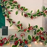 Juegoal Christmas Garland, 6.5FT Pre-lit Red Berries & Holly Leaves Garlands, Artificial Lighted Berry Garland Battery Operated with Timer, Indoor Outdoor Fireplace Gate Home Winter New Year Decor