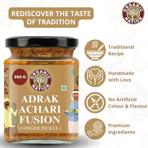 Image of ORGANIC NATION Zesty Adrak Achari Fusion Ginger Pickle - Homestyle Indian Pickle with Authentic Flavor, Perfectly Mixed for a Tangy Delight, 250g, No Preservatives Natural Golden Hue