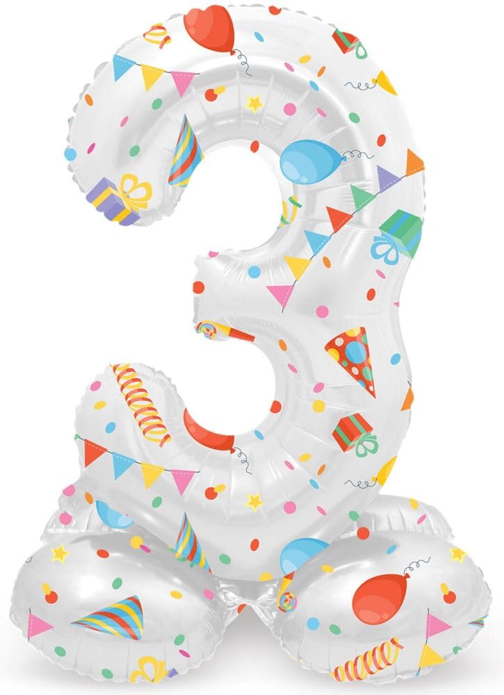 Folat 63963 Birthday Balloon Standing Number 3 Joyful Party White with Gifts and Decoration 72 cm Decoration Birthday Decoration Balloon Number No Helium Required Colourful