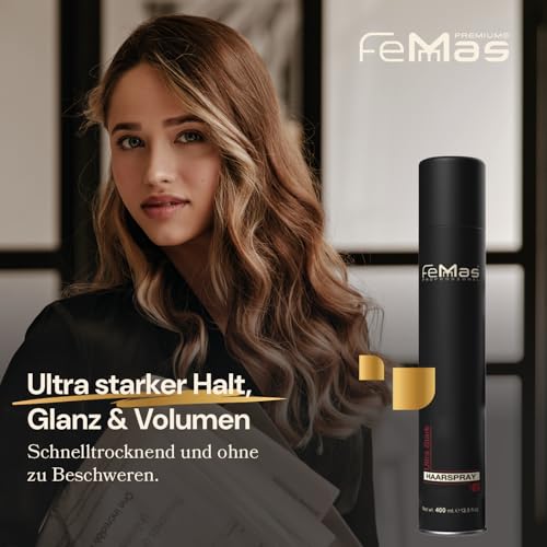 3. Bild von FemMas Haarspray Ultra Stark 400 ml I Stylingspray für Volumen & Glanz I Haar-Spray für ultra starken Halt I natürliches Finish ohne Verkleben I Ultra Strong Hairspray I für alle Haartypen I 1 Stück 400 ml (1er Pack)