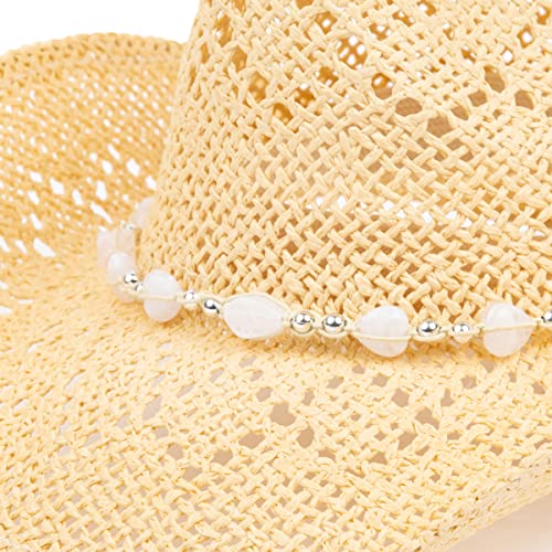 Tovoso Western Cowgirl, Straw Cowboy Hat For Women With Shapeable Brim, Beaded Hearts Trim, Beige #TOP5