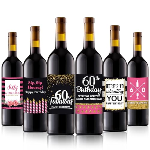 Liobelon 24 Pieces 60th Birthday Wine Bottle Labels Stickers Happy 60th Birthday Party Decorations Women Wine Bottle Stickers Black Gold and Pink 60th Birthday Gifts for Women Wine Bottle Label (60th)