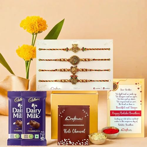 Image of eCraftIndia Set of 4 Ganesha, Peacock, Shrinathji, Kalash Designer Rakhis for Brothers with Chocolate, 2 Cadbury Dairy Milk, Rakhi with Chocolate Gift - Roli Chawal Pack, Raksha Bandhan Greeting Card