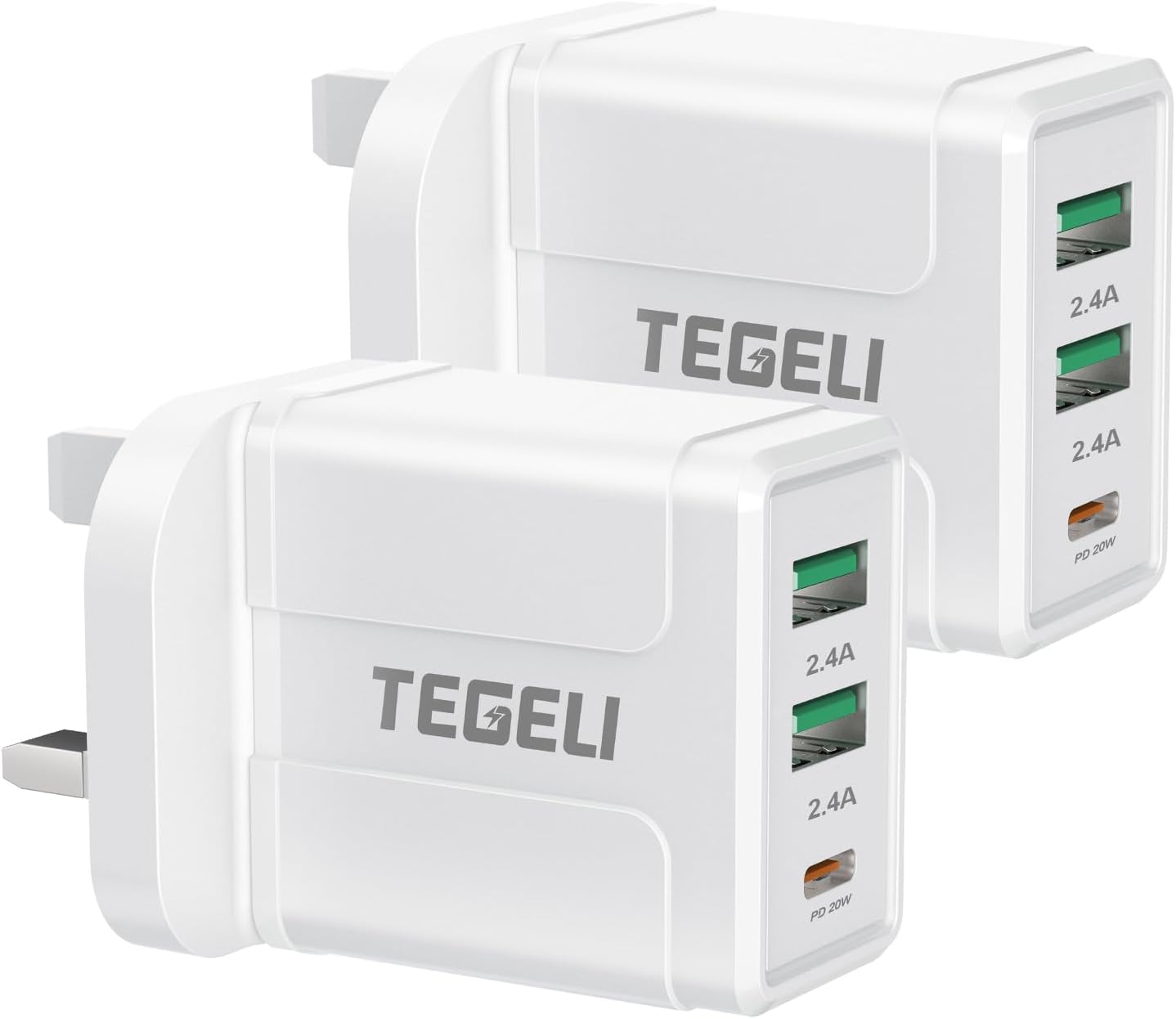 2 Pack USB Plug UK 3 Pin Mains Charger,Rekavin Multi USB Charger Plug Adaptor UK Compact Triple Port Charge Head 5V/2.4 AMP Charging for iPhone 11/11 Pro/10/Xs/XS Max/XR/X/8/7/6 Plus/5/4,iPad etc