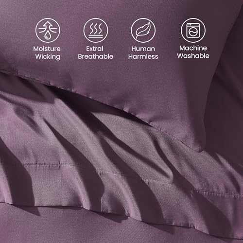 SLEEP ZONE Nanotex Super Soft Cooling Queen Bed Sheets Set 4 Piece - Easy Care Fitted Flat Sheet & Pillowcase Sets - Wrinkle Free, Fade Resistant, Deep Pocket 16" (Purple, Queen)