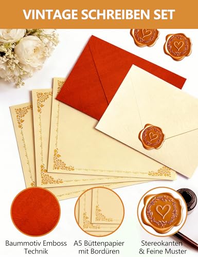 Briefpapier mit Umschlag, 36 Stück Set Vintage Schreiben mit 8 Briefumschläge Ohne Fenster, 20 A5 Briefpapier Edel und 8 Wachssiegel Selbstklebend, für Liebesbrief Hochzeit Geburtstag Weihnachten