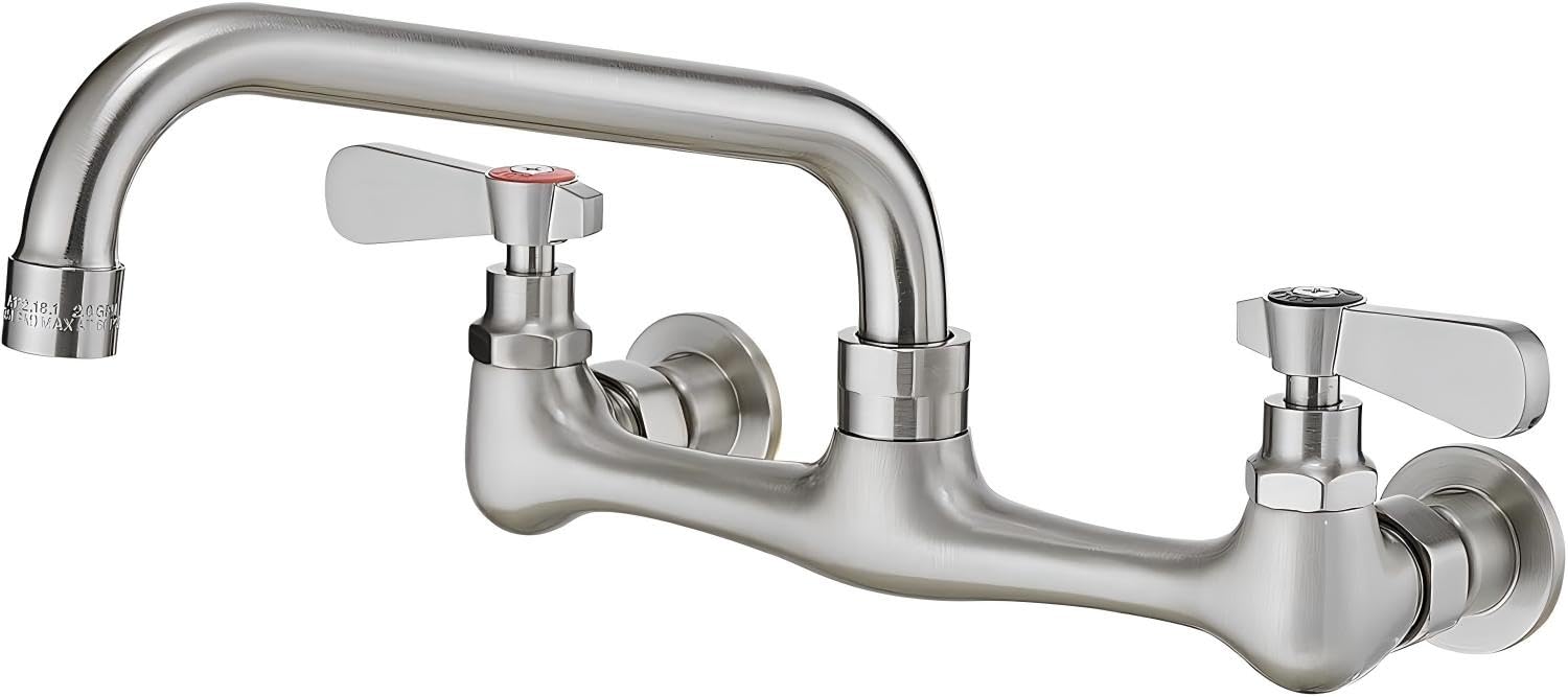 BWE Commercial Kitchen Faucets, Laundry Faucet 8 Inch Center Wall Mounted Kitchen Faucets with 8" Swivel Spout 2 Handles Heavy Duty Brass Utility Laundry Restaurant Mixer Tap,Brushed Nickel