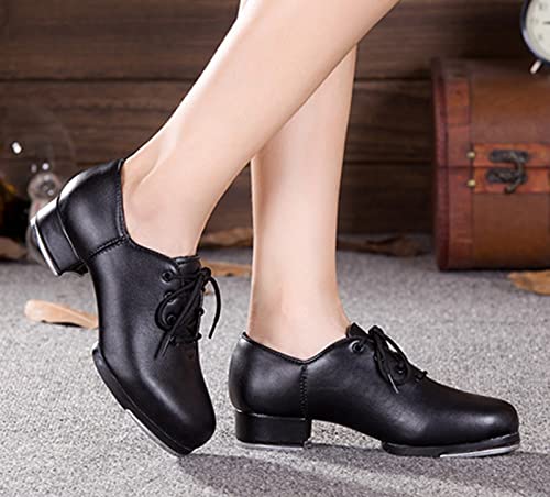 WUIWUIYU Women's Men's Black Tap Shoes Lace-Up Heels Split Sole Jazz Dance Shoes for Adult4