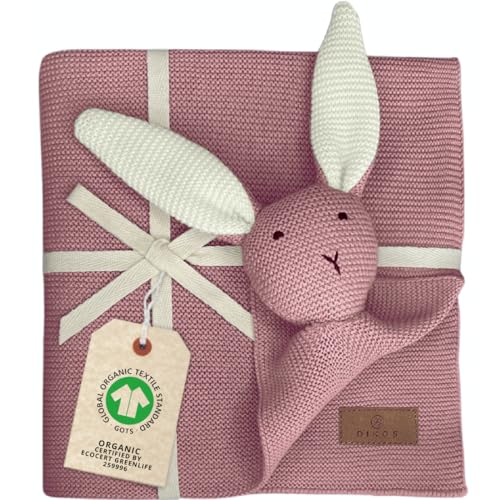 DIKOS Original Babydecke SCHMUSE-Hase (Beere) – 2-in-1 Schmusedecke & Kuscheltuch für Neugeborene – aus weicher Bio-Baumwolle (GOTS/Oeko-TEX) – Geschenk zur Geburt für Baby Mädchen