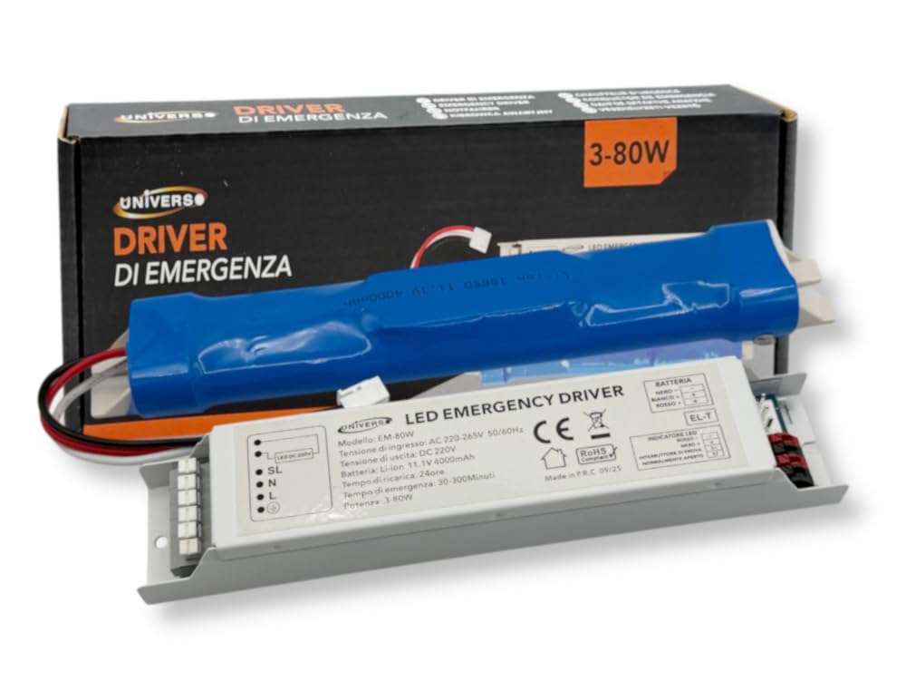 UNIVERSO EM-80W DRIVER DI EMERGENZA PER LAMPADE LED DA 3W A 80W AUTONOMIA FINO A 300 MINUTI USCITA DC 220V