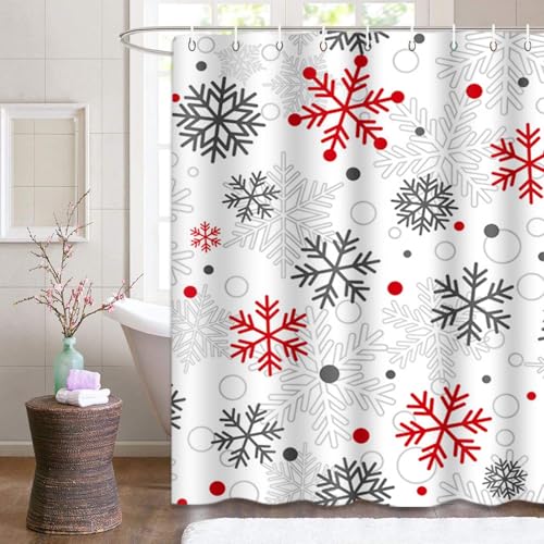Cortina de ducha de Navidad con copos rojos para baño invernal acogedor 7