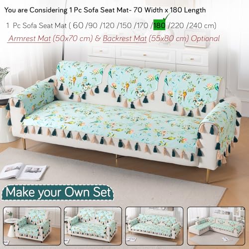Image of HOKIPO Sofa Cover Mat with Tassel for 1 /2 /3 Seater & L Shape Sofa | DIY Sofa Cover Set | Printed Holland Velvet | 'Whispers of Nature' | 70(W) x 180(L) cm | Mint Birdsong Blossom (IN-1122-D3)