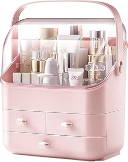 Makeup Organizer With Drawers And Acrylic Dust Cover – Plastic Cosmetic Storage Box For Vanity, Skincare, Perfume, Accessories – Bathroom Desktop Makeup Holder