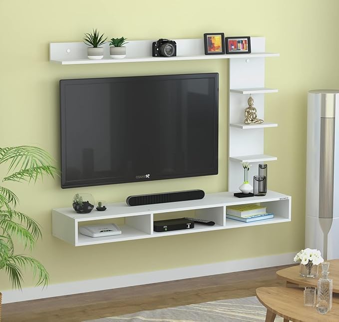 Image of Anikaa Tyron Engineered Wood Wall Mount TV Unit /TV Stand /Wall Set Top Box Stand /TV Cabinet /TV Entertainment Unit with LED Light (White)(Ideal for Upto 42 inch)(D.I.Y)