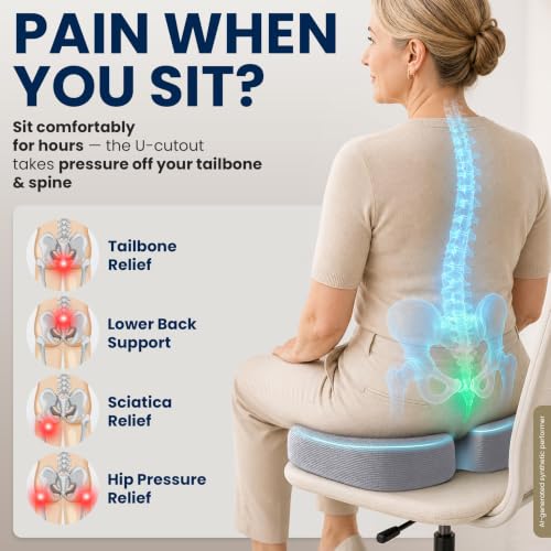 Image of 5 STARS UNITED Seat Cushion - Memory Foam Chair Cushion for Tailbone Pain Relief - Ergonomic Support for Coccyx, Sciatica & Butt - Office, Desk & Gaming Chair, Car Seat, Wheelchair, Airplane, L Gray