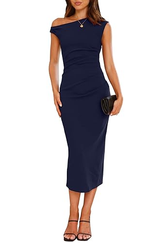 Women's Sleeveless One Shoulder Bodycon Ruched Slit Wedding Guest Cocktail