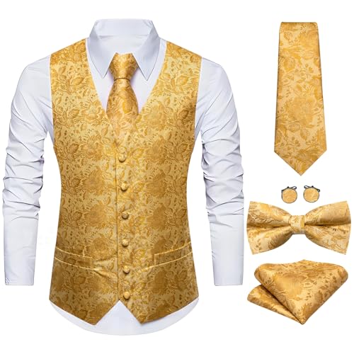 Barry.Wang Men's Silk Vest Tie Bowtie Brooch Set Formal/Leisure Paisley/Flower V-neck Vests Wedding Party Waistcoat 7PCS4