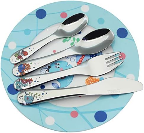 EXZACT Childrens Cutlery 4pcs Set Stainless Steel/Kids Cutlery/Toddler Utensils/Flatware - 1 x Fork, 1 x Safe Dinner Knife, 1 x Dinner Spoon, 1 x Dessert Spoon with Illustrations