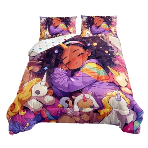 Black Girls Twin Comforter Set for Girls,Cartoon Unicorn Quilt American African Kids Bedding Set,Afro Hair Girl Princess Melanin Down Comforter Magical Animal Dreamy Horse Kawaii Room Decor