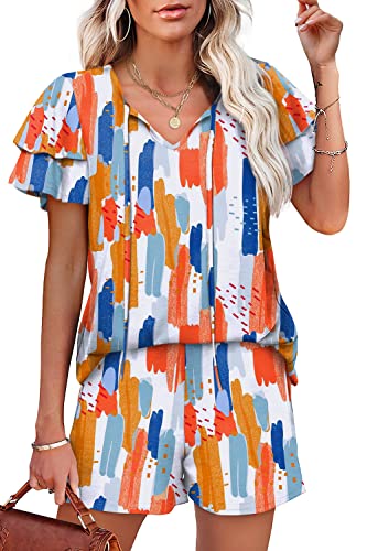 Image of WIHOLL Summer Outfits for Women 2 Piece Short Sleeve V Neck Lounge Sets Casual