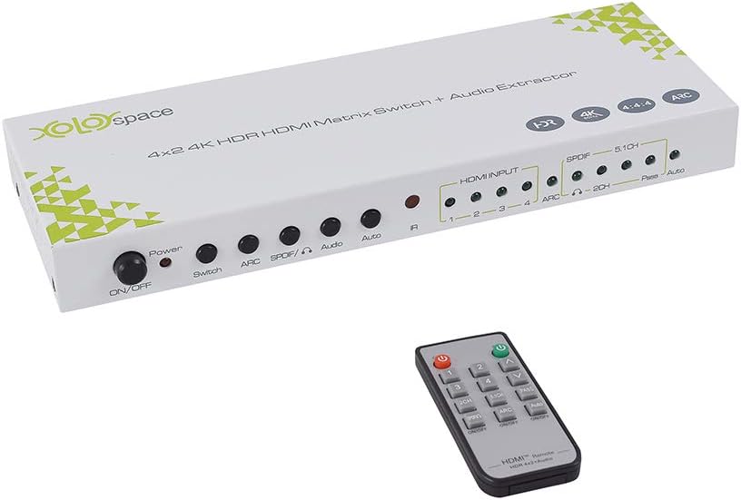 4X2 HDMI Matrix switcher Select Any one of Four HDR HDMI Input to one HDR HDMI Output and one HDMI Output for Audio only Supports 4k 60hz 4:4:4 8 bit HDR w/ARC SPDIF (23421-4k 60hz)