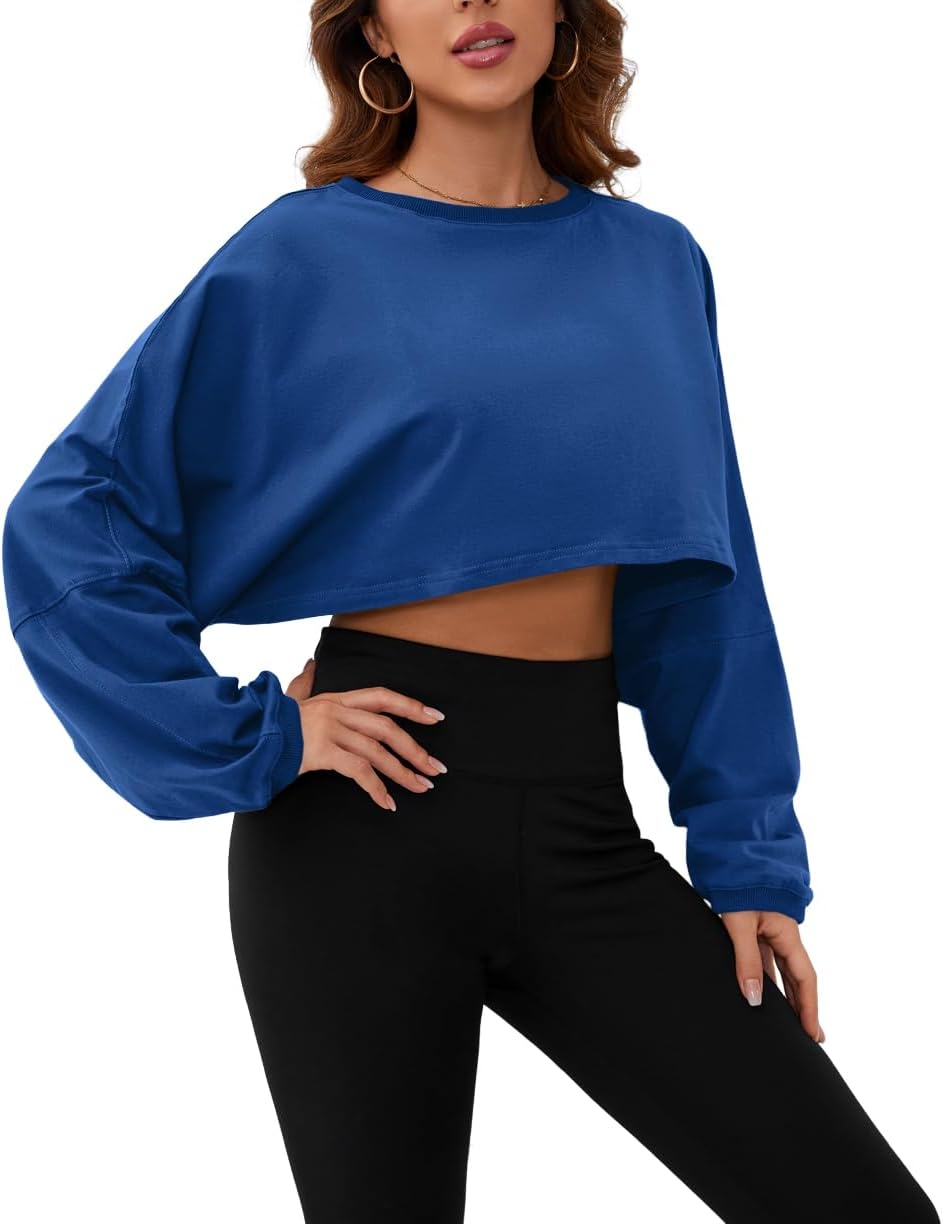 Meladyan Women Long Sleeve Crewneck Crop Top Sweatshirt Casual Solid Loose Fit Workout Cropped Pullover Tops Blue
