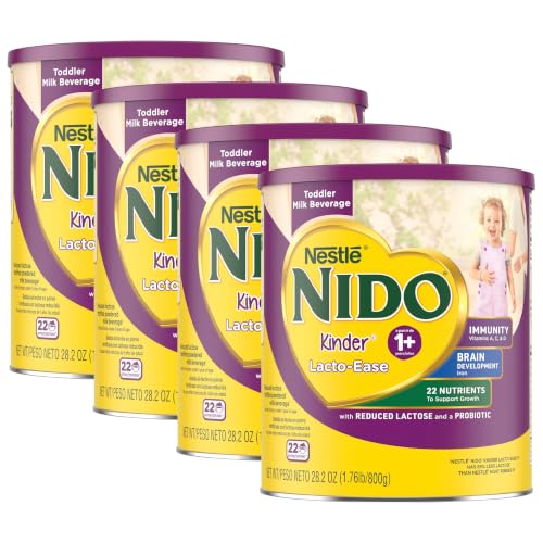 Nestlé NIDO Lacto-Ease Toddler Milk Beverage Powder Mix, Reduced Lactose, Toddler Nutritional Drink, Powdered Milk for Toddlers, 22 Servings per Container, 28.2 OZ, (Pack of 4)