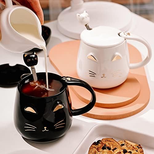 2 Pack Cute Cat Mugs Cat Coffee Mug Set with lid and Lovely Kitty Spoon Novelty Morning Tea Milk Mug Set for Cat Lovers Girls Women Christmas Birthday Gift 450ML/15oz,White and Black
