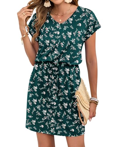 Image of AUSELILY Womens Summer Mini Dress, Short Sleeve V Neck Drawstring Casual | Soft smooth drape with an adjustable drawstring waist for beach, casual outings and daily wear