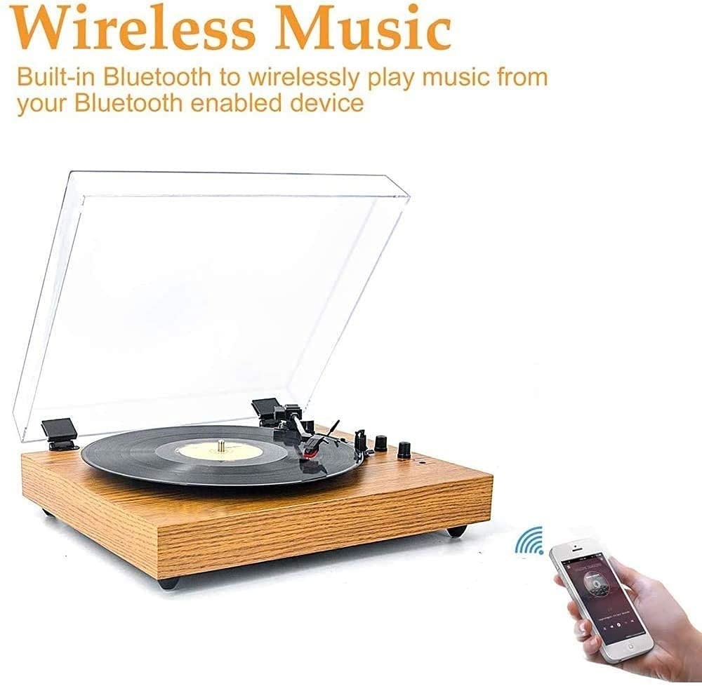 Giradischi in Vinile, venature del Legno con Design della Copertura Trasparente, Altoparlanti Stereo integrati, Tre Colori tra Cui Scegliere, con Diversi Stili di decoraz