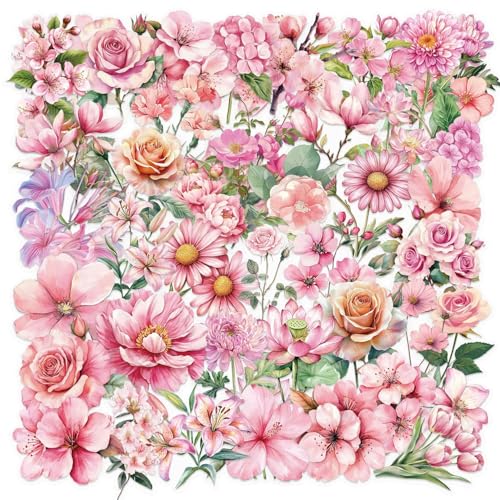 Pink Flowers Aesthetic Stickers Pack, 50PCS Natural Plants Waterproof Transparent Stickers for Water Bottle,Laptop,Scrapbook,Journal, Floral Decals for Adults,Teens,Girls, DIY Supplies